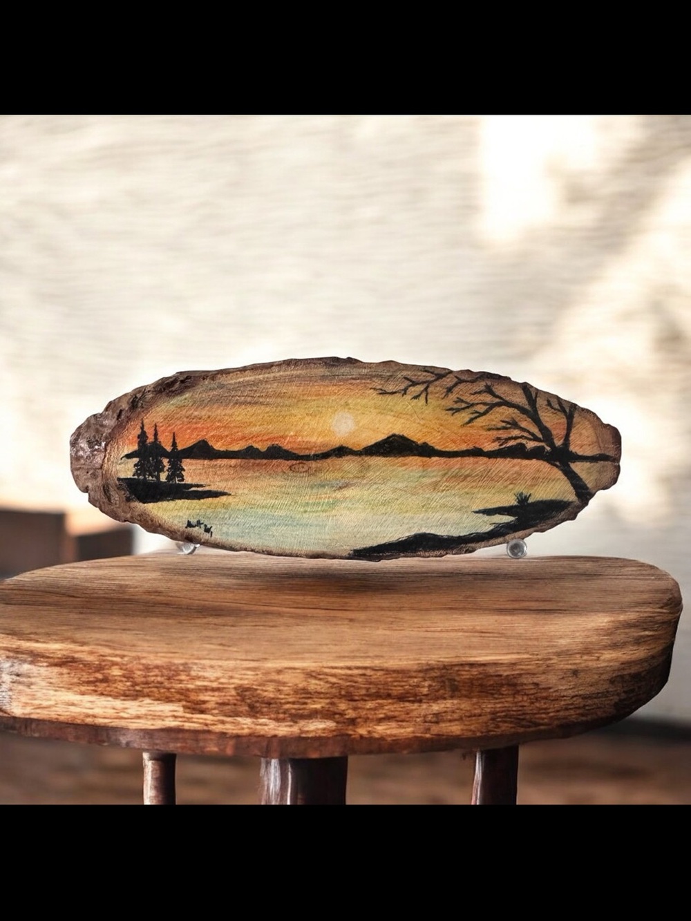 Hand-Painted Sunset Lake Landscape on Wood Slice - Orange and Green